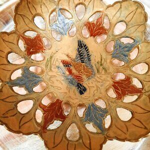 Vintage Ornate Brass Pedestal Waterfowl Colored Enamel Bowl